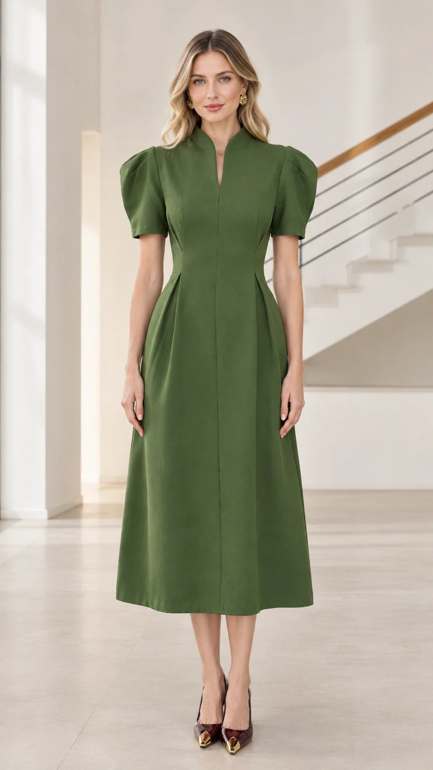 Front view of model wearing olive green mandarin collar puff sleeve A-line midi dress