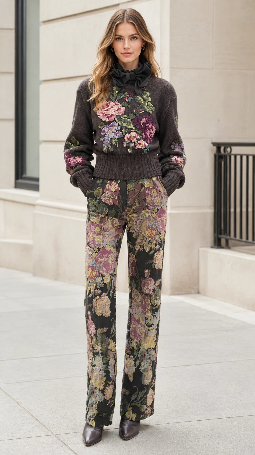 Front view of model wearing Charcoal floral embroidered sweater and wide-leg trousers set