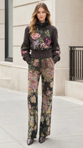 Front view of model wearing Charcoal floral embroidered sweater and wide-leg trousers set