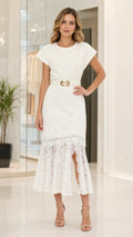Full front view of model wearing the white belted midi dress with lace flounce hem