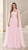 Front view of Light Pink chiffon evening gown with crystal trim and attached cape