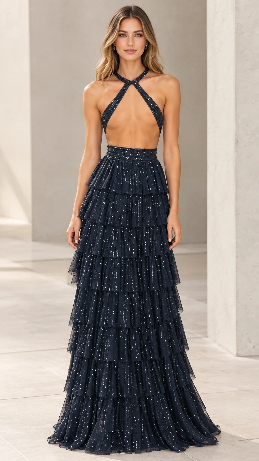 Navy Blue glitter crisscross halter tiered tulle evening maxi dress front view
