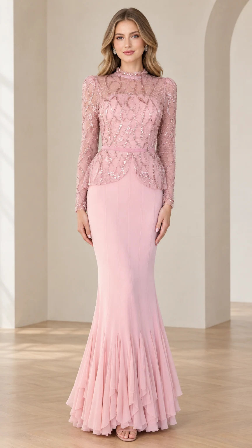 Front full-length view of woman wearing blush pink high neck beaded peplum mermaid evening gown