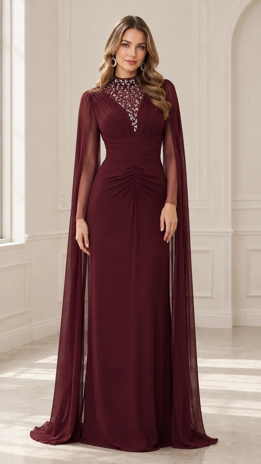 Front view of burgundy floor-length evening gown with beaded high neckline and cape sleeves