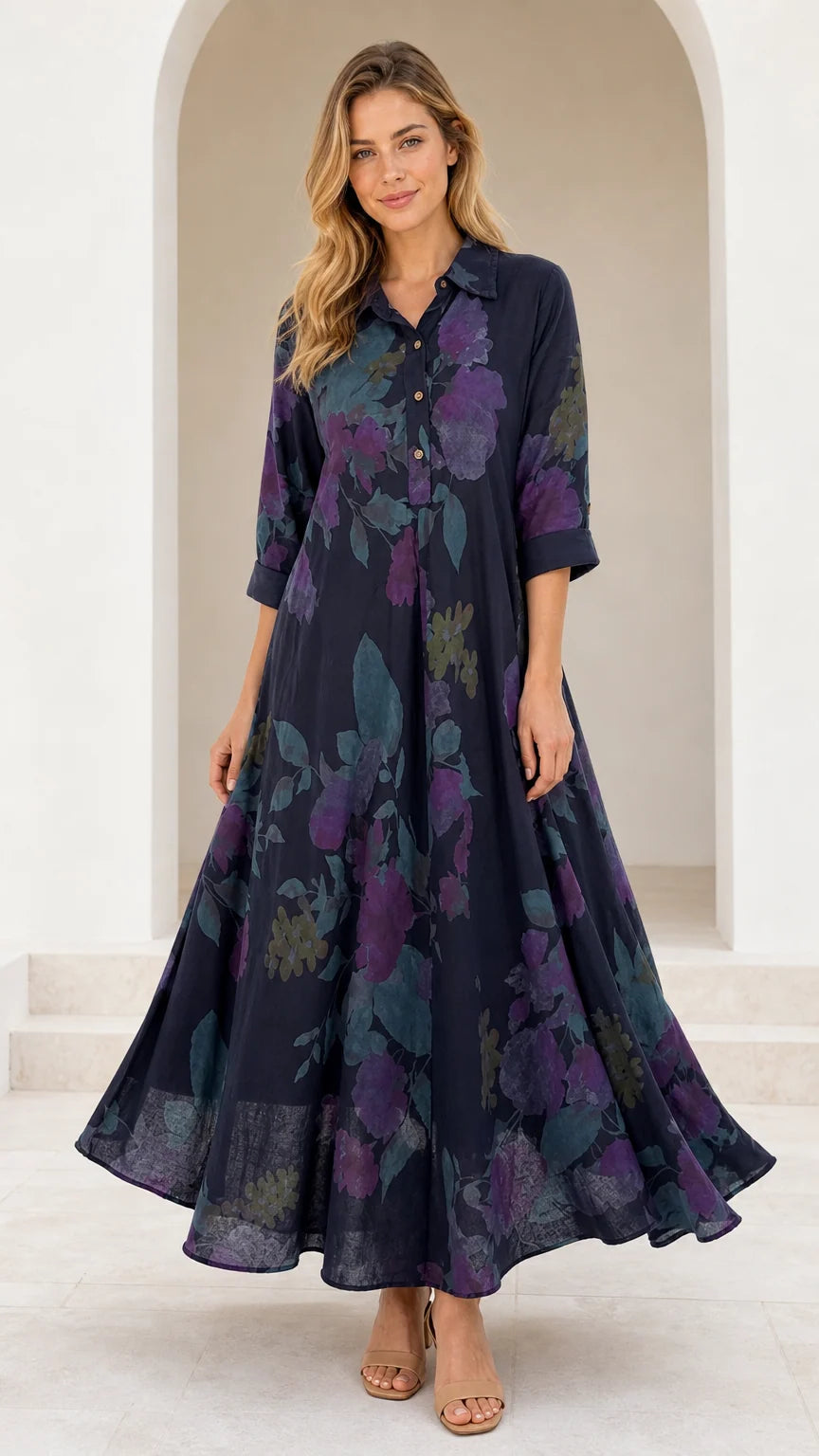 Front view of model wearing Navy Blue floral collared maxi shirt dress