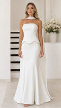 White strapless mermaid evening gown with embellished neck cape front view