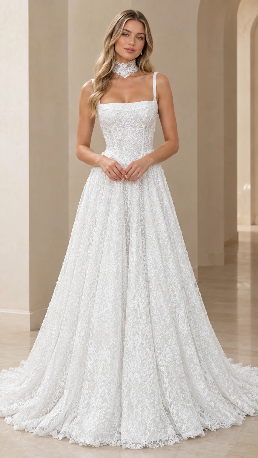 Front view of model wearing white square neck lace evening gown with matching choker