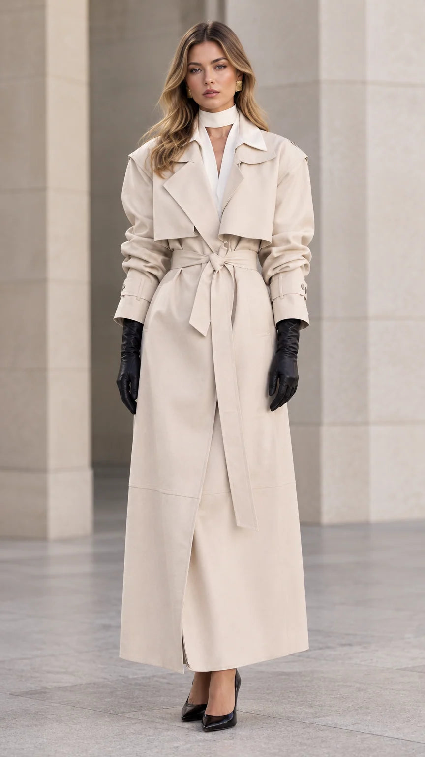 Front full-length view of woman wearing elegant cream maxi belted trench coat