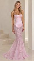Blush pink corset bodice beaded lace mermaid evening gown front view