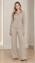 Front full view of woman wearing Oatmeal Beige ribbed knit zip jacket and wide-leg pants set