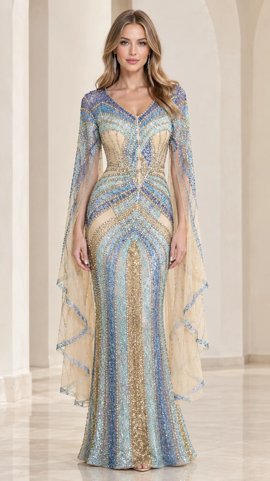 Front view of model wearing Sky Blue beaded cape sleeve mermaid evening gown