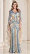 Front view of model wearing Sky Blue beaded cape sleeve mermaid evening gown