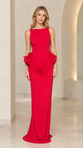 Red boat neck backless maxi dress front view with draped floral detail