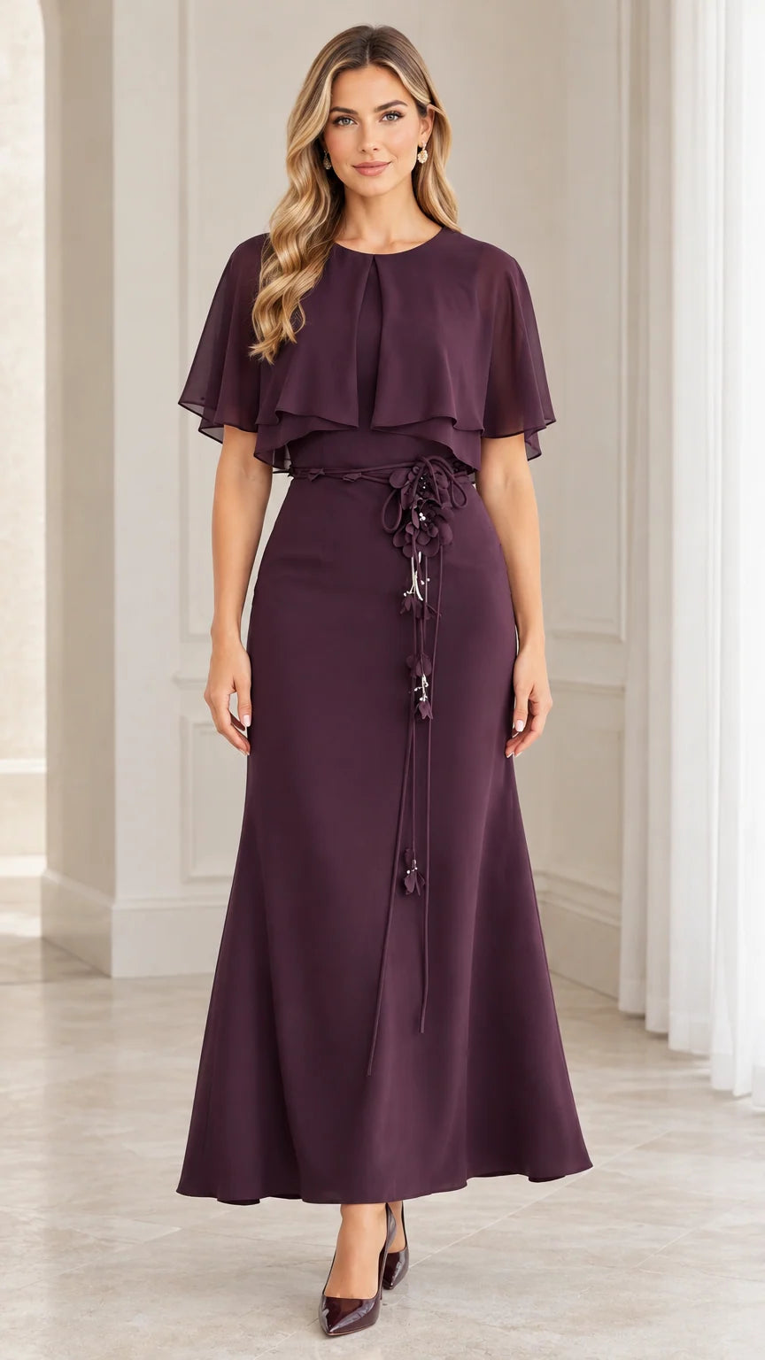 Front full-length view of woman wearing plum chiffon capelet maxi dress with floral waist tie