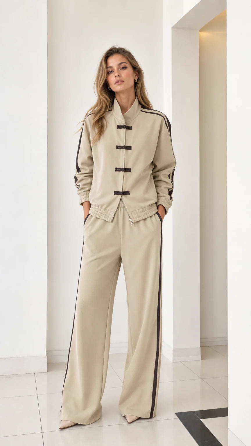 Full front view of women's beige tracksuit set with frog buttons and wide-leg pants