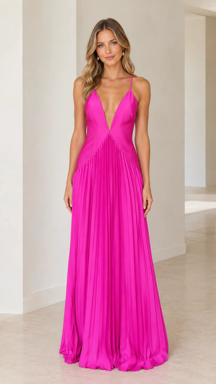 Hot pink deep V-neck pleated maxi dress front view
