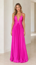 Hot pink deep V-neck pleated maxi dress front view