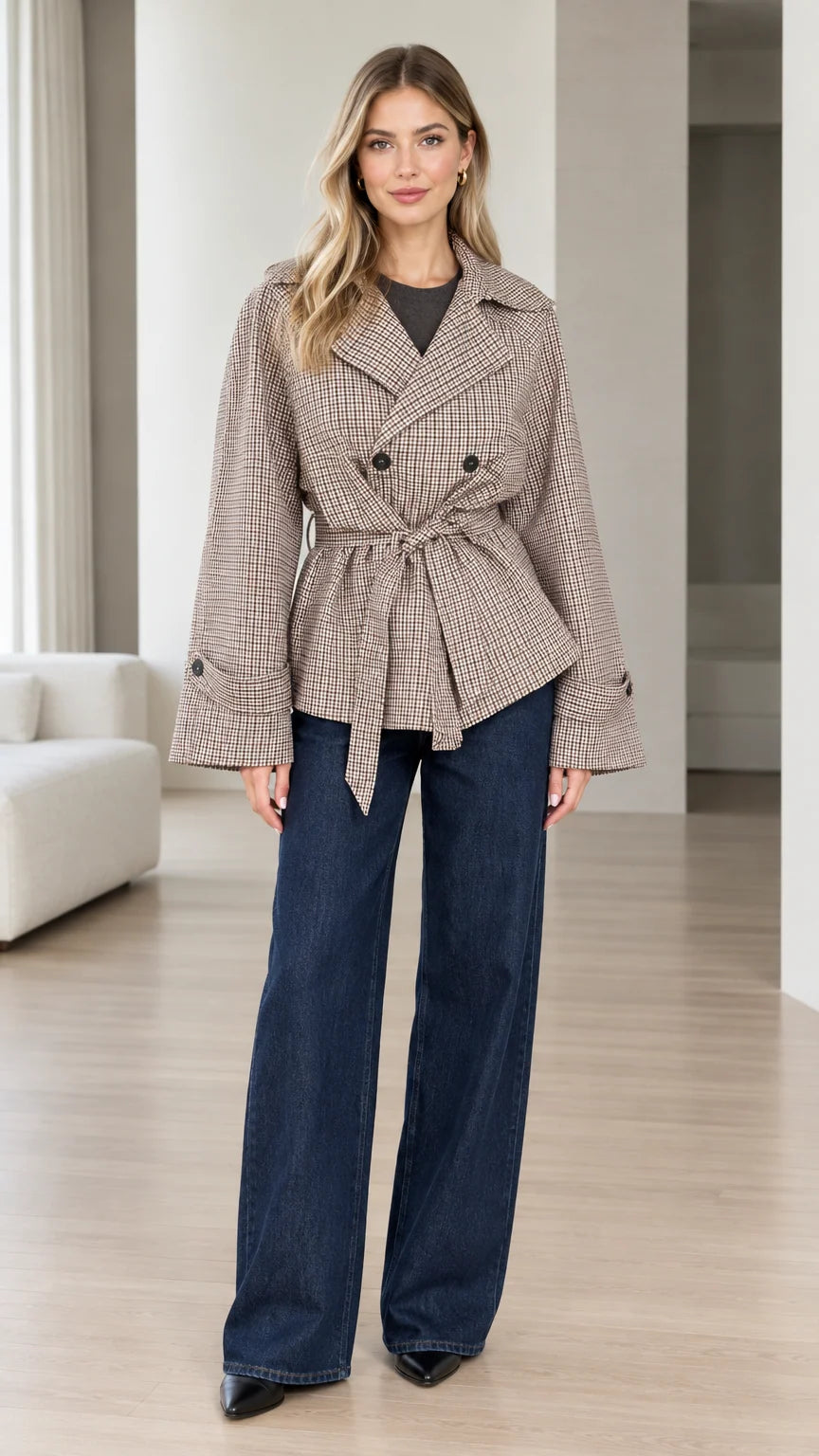 Front full-length view of model wearing brown plaid belted short jacket with wide-leg jeans