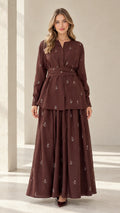 Front full view of brown embroidered belted tunic and maxi skirt two-piece set