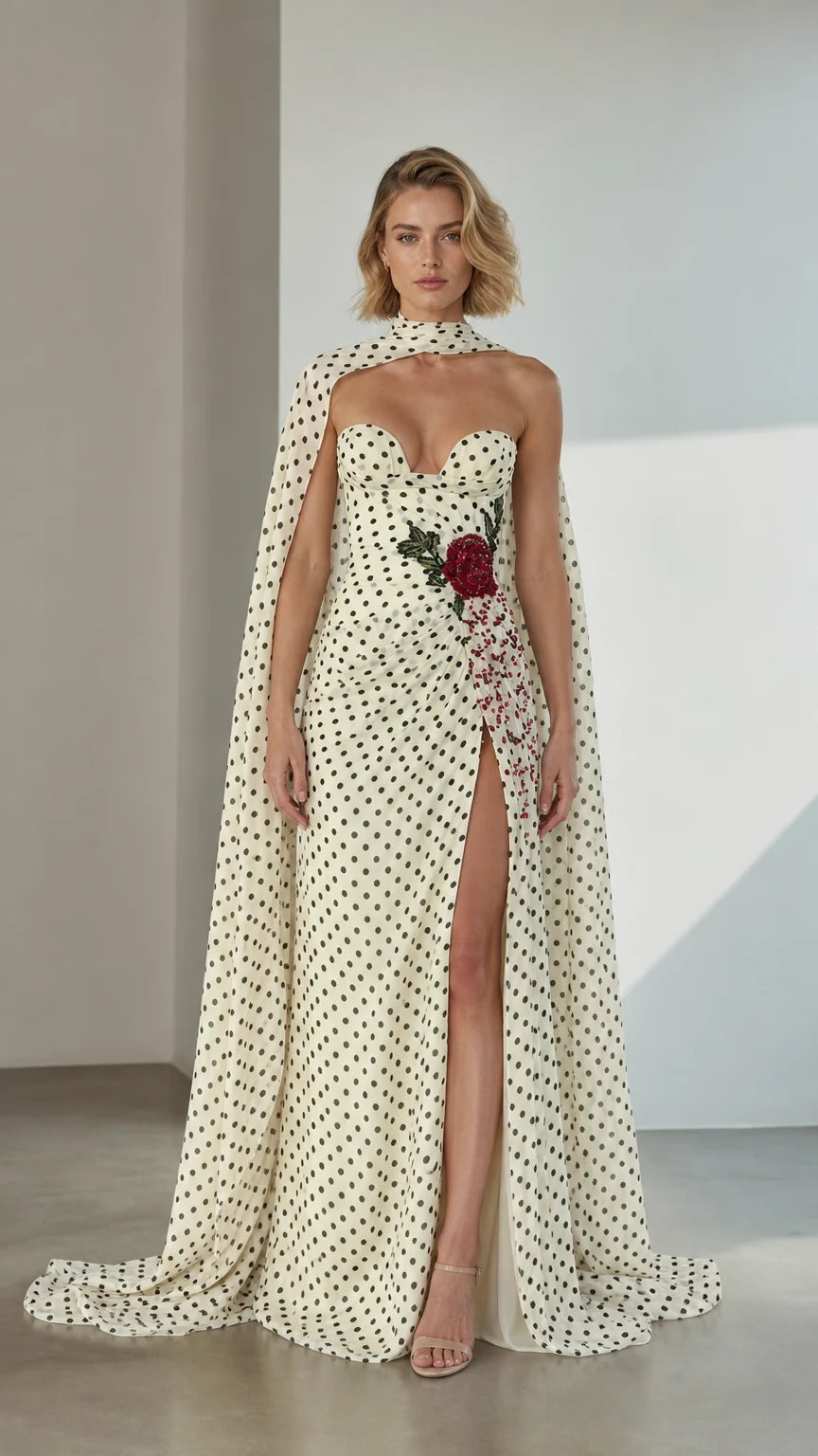 Front view of White Polka Dot Embellished Cape Evening Gown