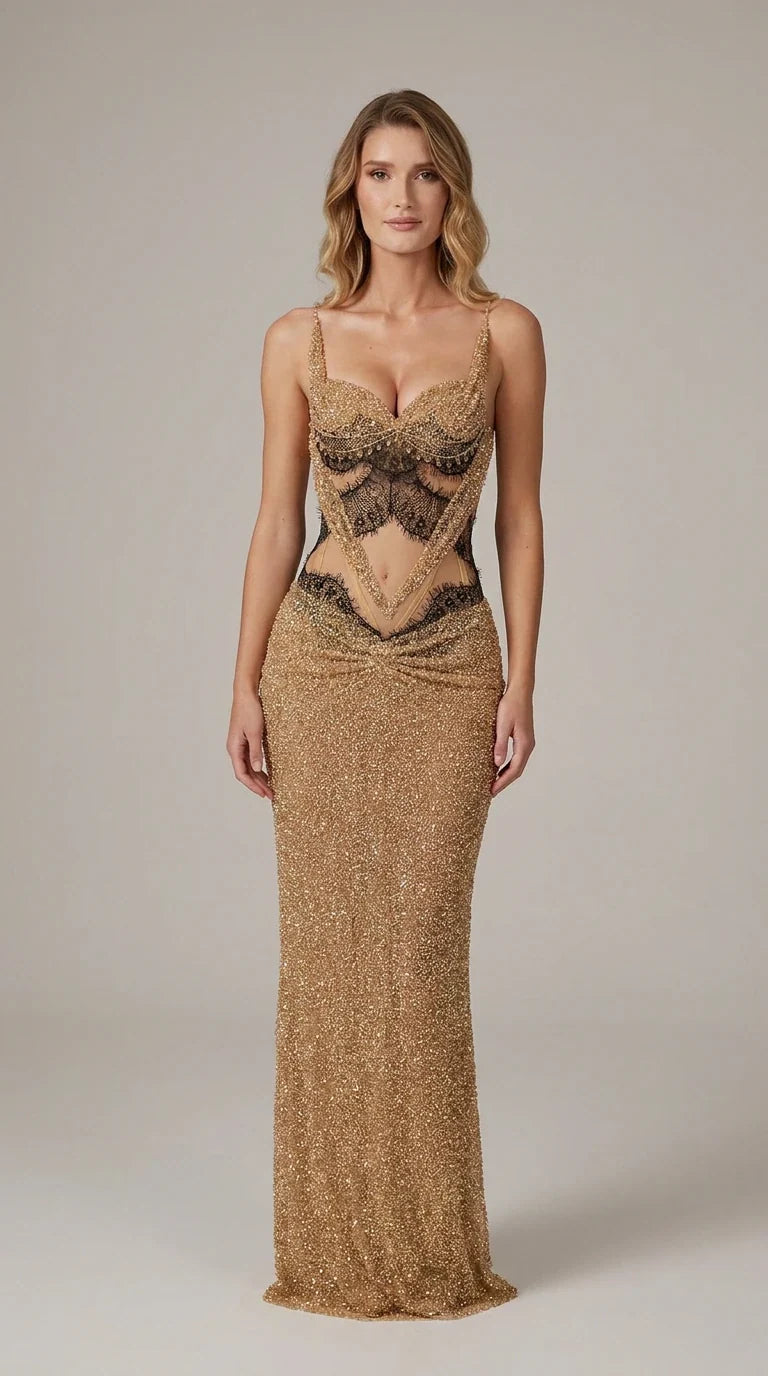 Front full-length view of model wearing gold beaded corset cutout evening maxi dress