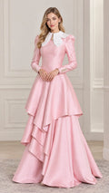 Front full-length view of woman wearing pink Victorian contrast collar tiered maxi gown