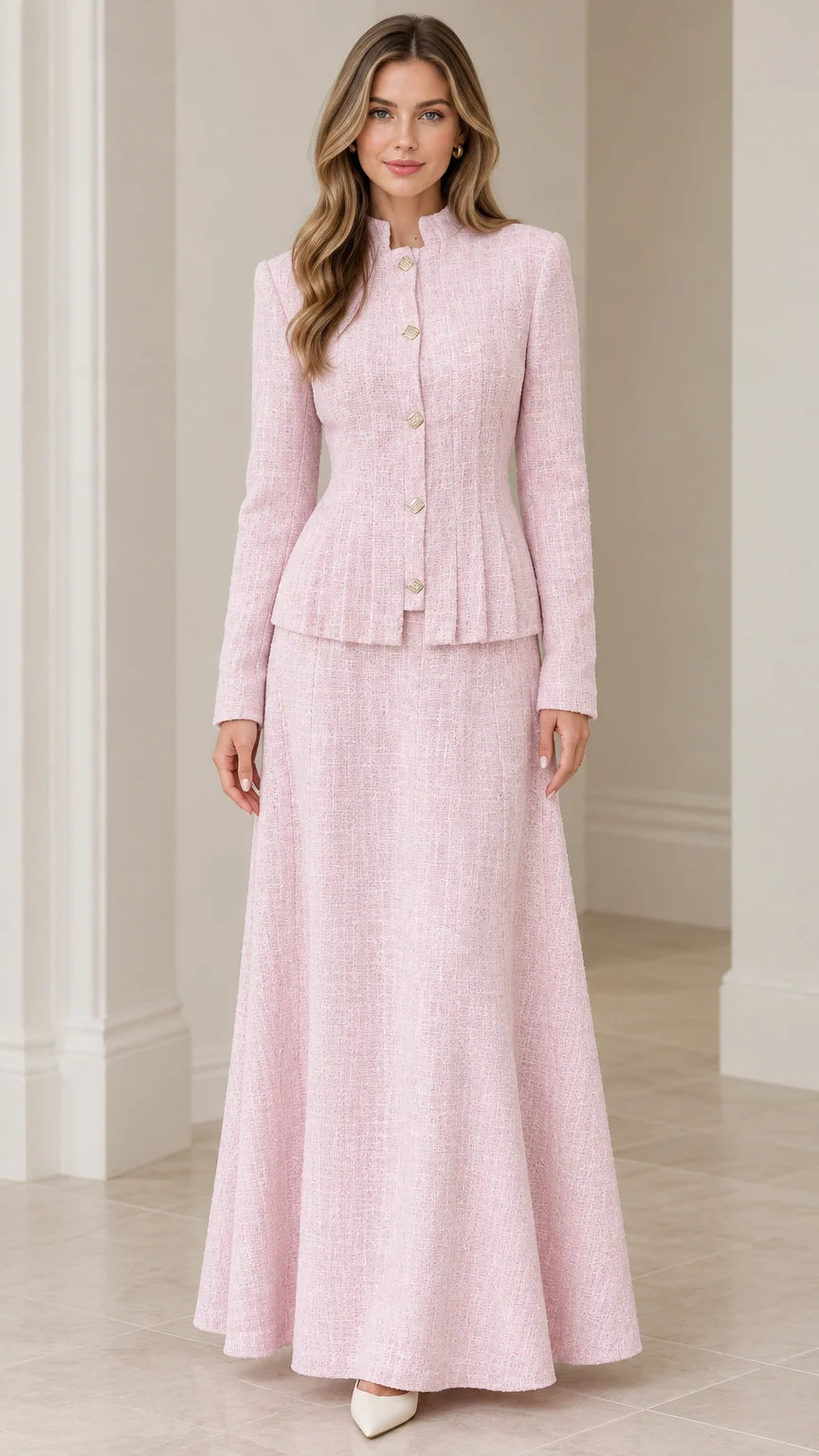 Front view of model wearing blush pink tweed peplum jacket and matching maxi skirt suit set
