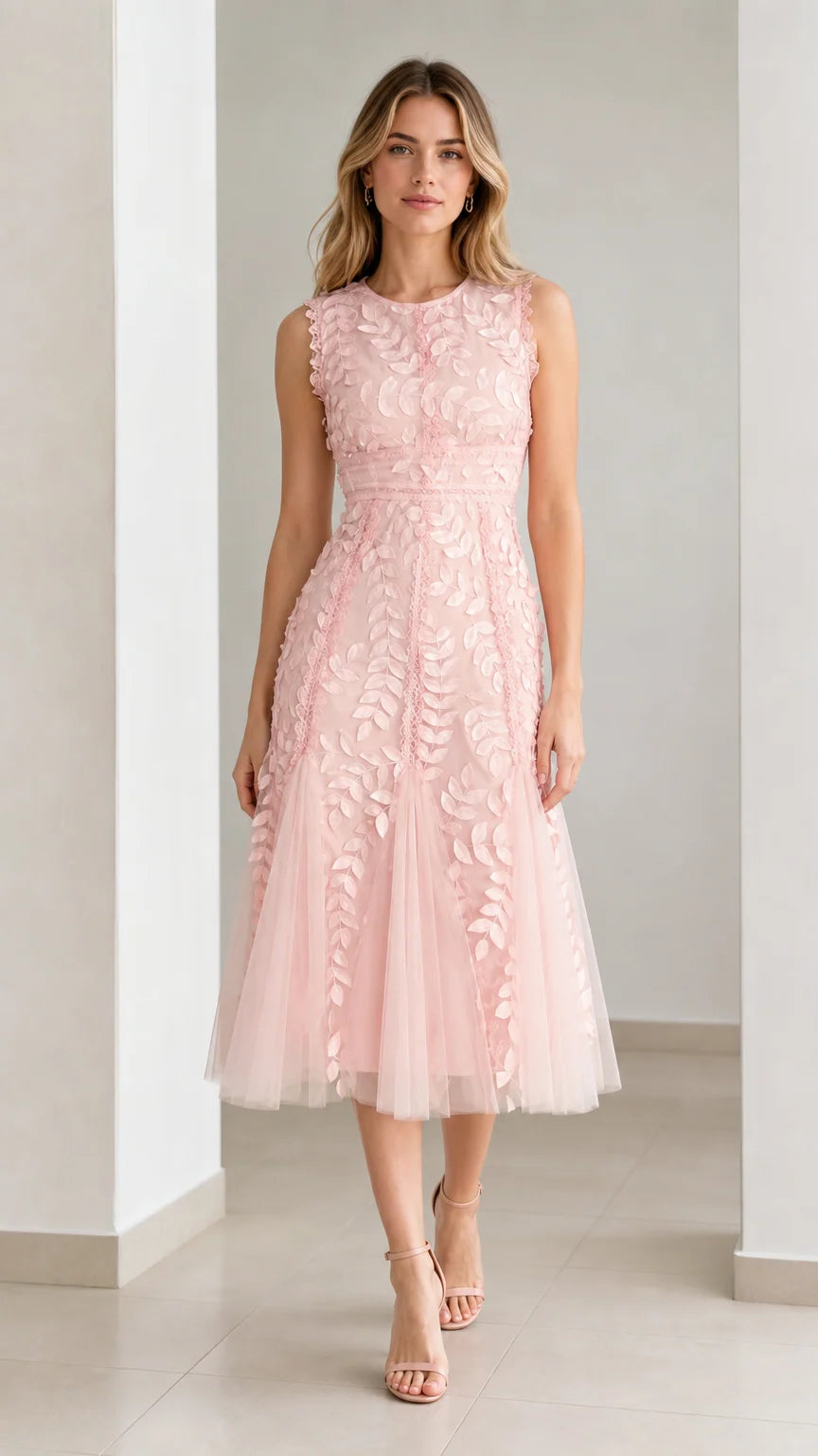 Front view of model wearing pink embroidered leaf applique midi dress