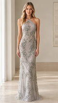 Front view of model wearing Silver Grey beaded halter evening gown