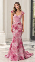Front view of Rose Pink 3D floral embroidered corset mermaid evening gown with beaded fringe