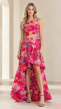 Hot Pink floral embroidered high-low formal gown front view on model