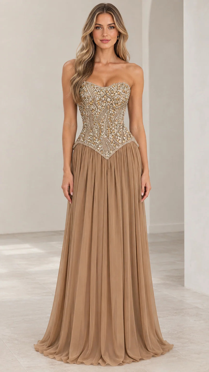 Front view of woman wearing champagne strapless beaded basque waist evening gown