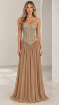 Front view of woman wearing champagne strapless beaded basque waist evening gown