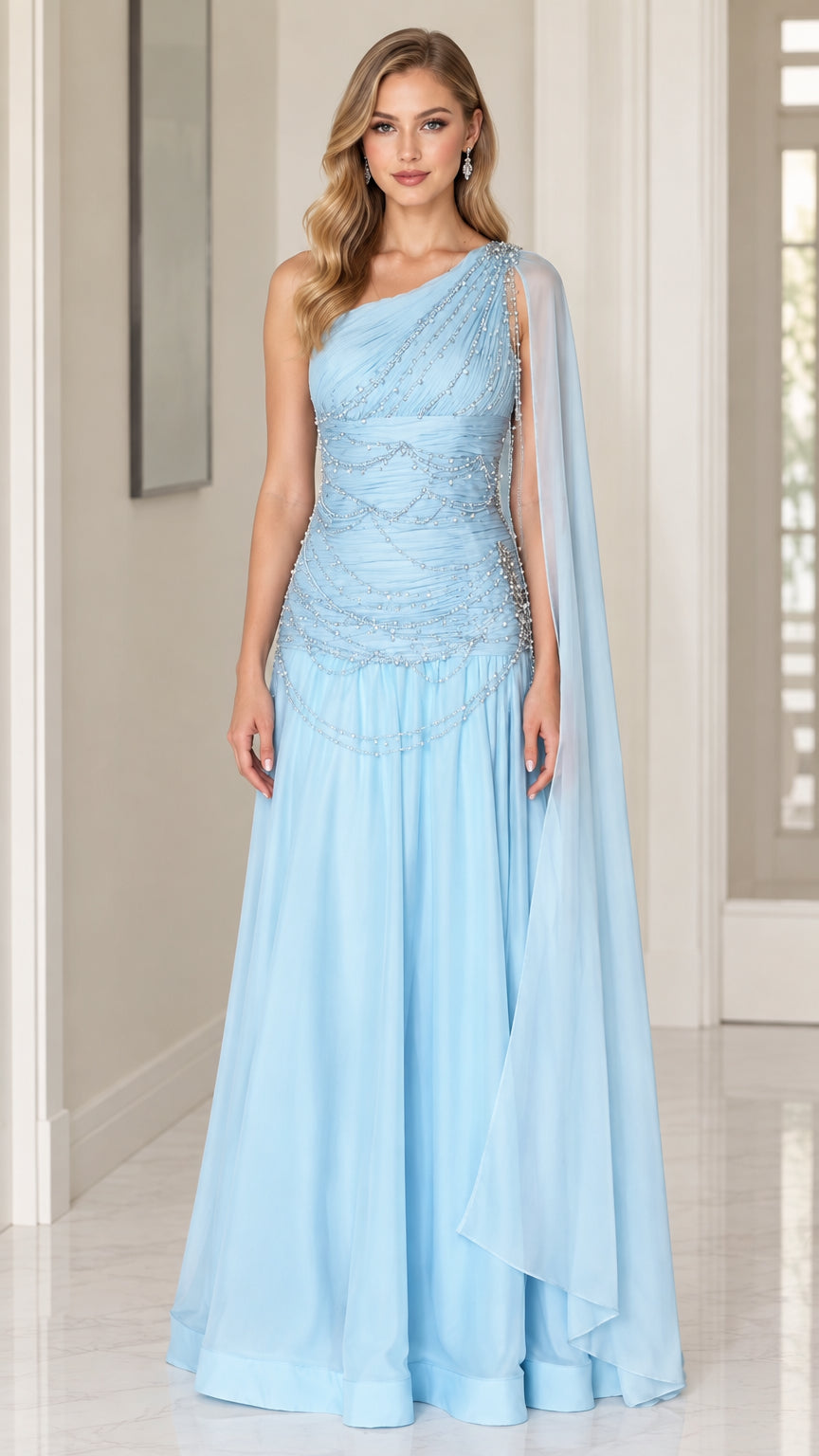 Front view of model wearing Ice Blue one-shoulder beaded chiffon evening gown with shoulder cape