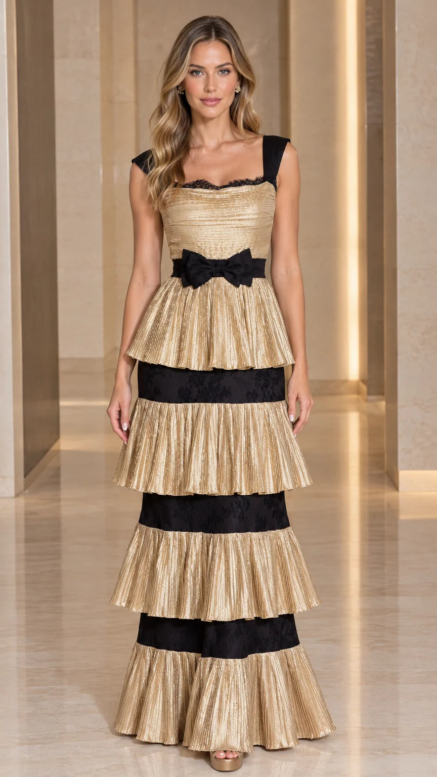 Full front view of Champagne Gold pleated tiered maxi evening dress with black lace trim and waist bow