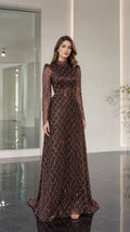 Front full view of chocolate brown high neck geometric beaded evening gown with long sleeves