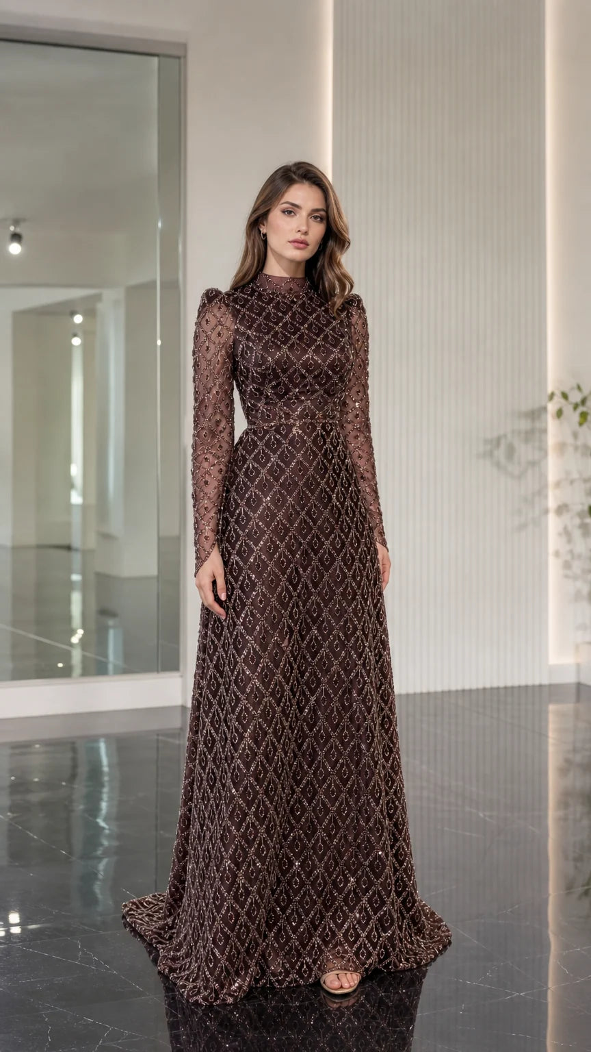 Front full view of chocolate brown high neck geometric beaded evening gown with long sleeves