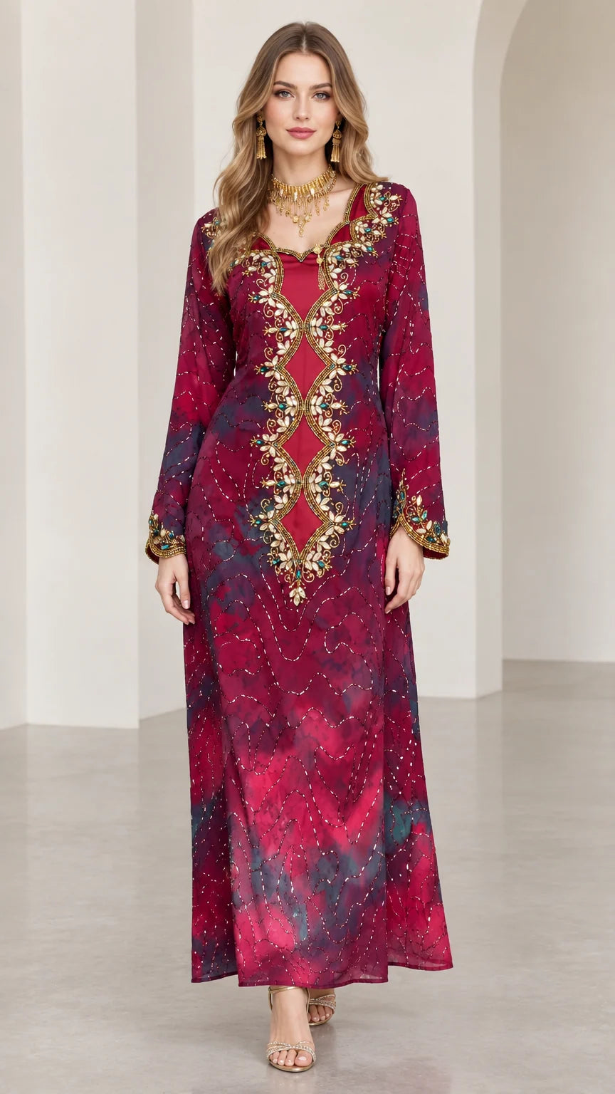 Front view of model wearing Burgundy embellished tie-dye kaftan maxi dress