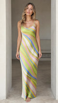 Front view of woman wearing Lime Multi striped maxi slip dress