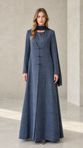 Front view of Slate Blue textured long sleeve maxi dress with matching scarf