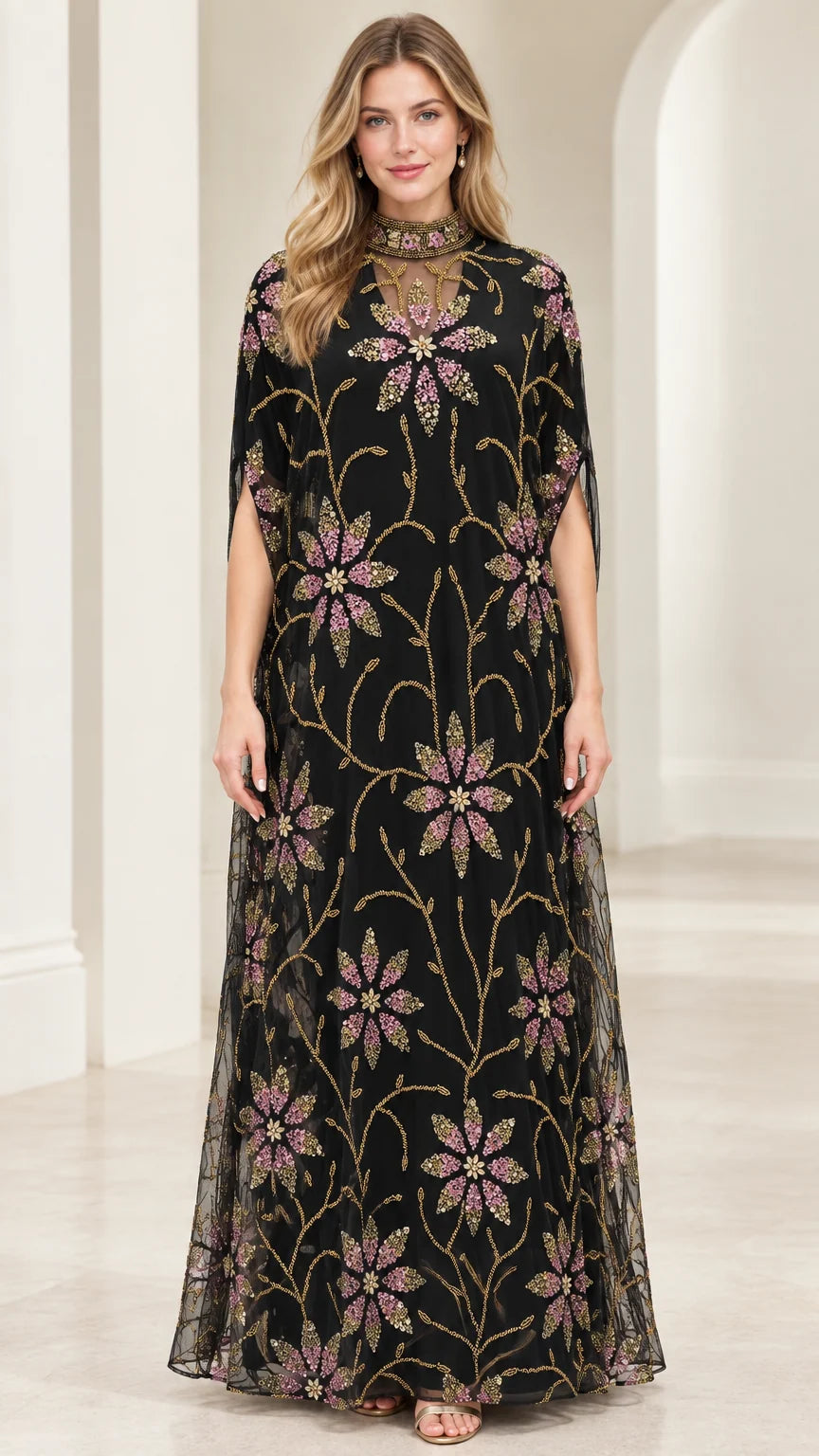 Front full view of black floral beaded cape sleeve maxi evening dress