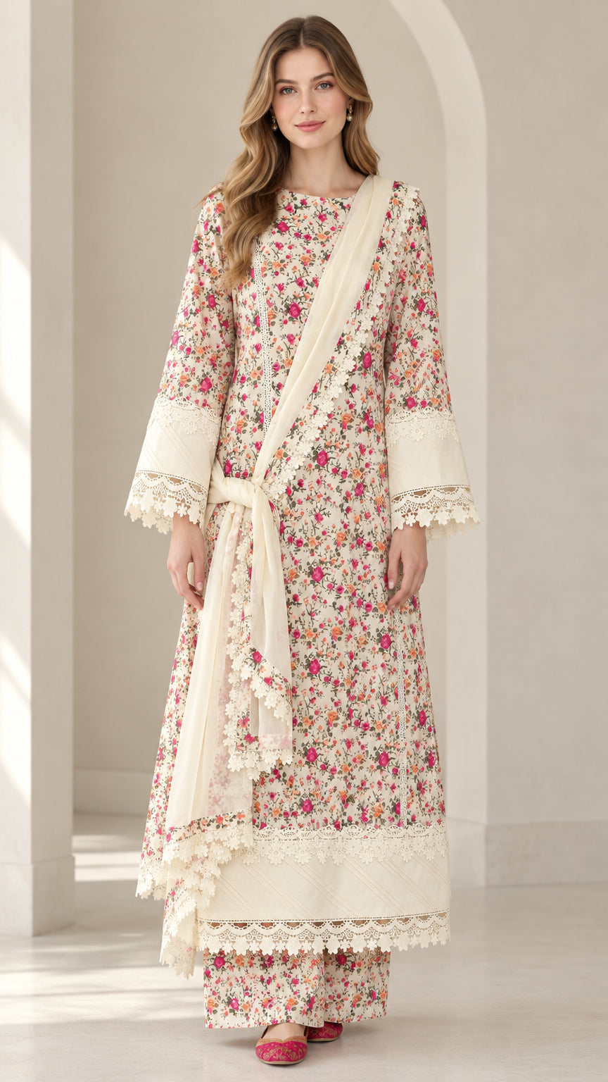 Front full view of woman wearing Ivory floral print 3-piece tunic pant set with lace trim and scarf