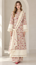 Front full view of woman wearing Ivory floral print 3-piece tunic pant set with lace trim and scarf
