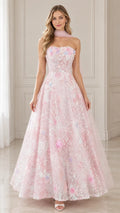 Front view of model wearing pink strapless 3D floral sequin evening gown with matching neck drape