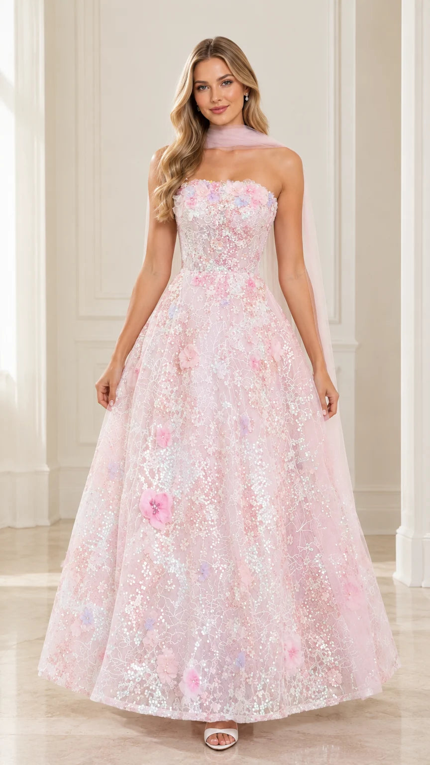 Front view of model wearing strapless blush pink 3D floral sequin evening gown with matching neck scarf