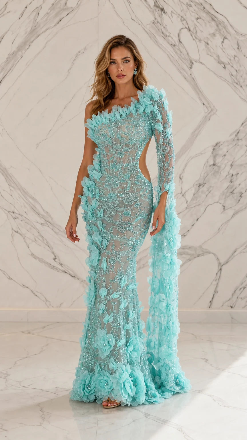 Front view of light blue one-shoulder 3D floral applique evening dress