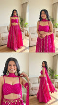 Hot pink bandhani print sweetheart bustier and flared lehenga set full view
