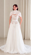 High neck lace bodice white chiffon evening gown front view