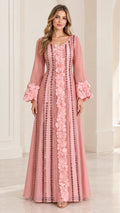 Front full-length view of dusty pink floral applique long sleeve evening maxi dress