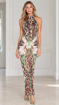 Full front view of model wearing olive green halter neck butterfly leopard print maxi dress